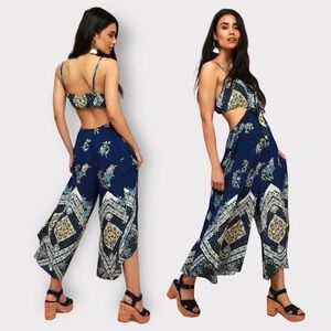 112 Free People NEW Bella Cropped Cutout Jumpsuit Womens Small Blue Boho Auction